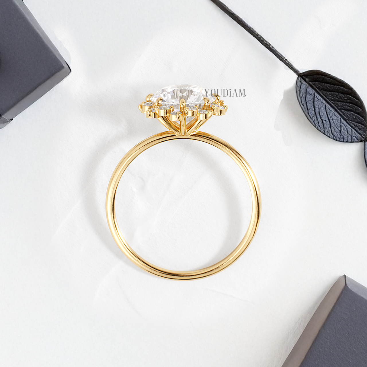 Round Lab Diamond in Eight Prongs with Accented Halo Diamonds Ring - YDJLR158