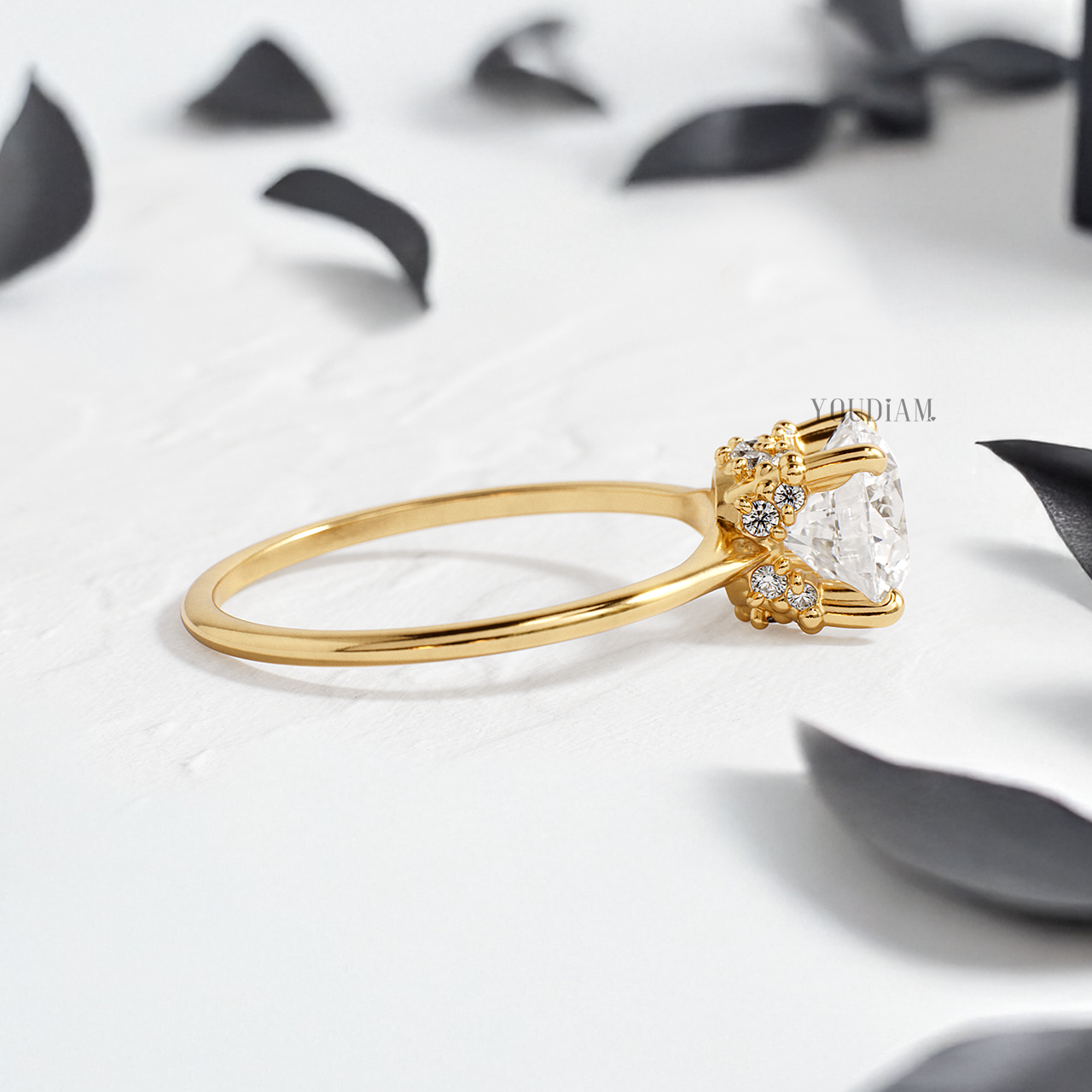 Round Lab Diamond in Tapered Band with Accented Diamonds Ring - YDJLR154