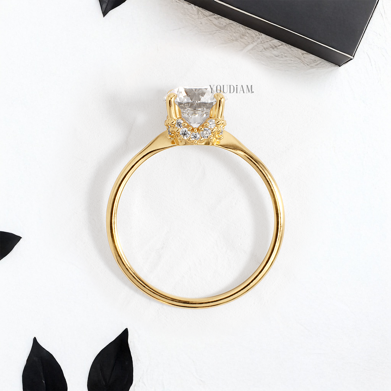 Round Lab Diamond in Tapered Band with Accented Diamonds Ring - YDJLR154