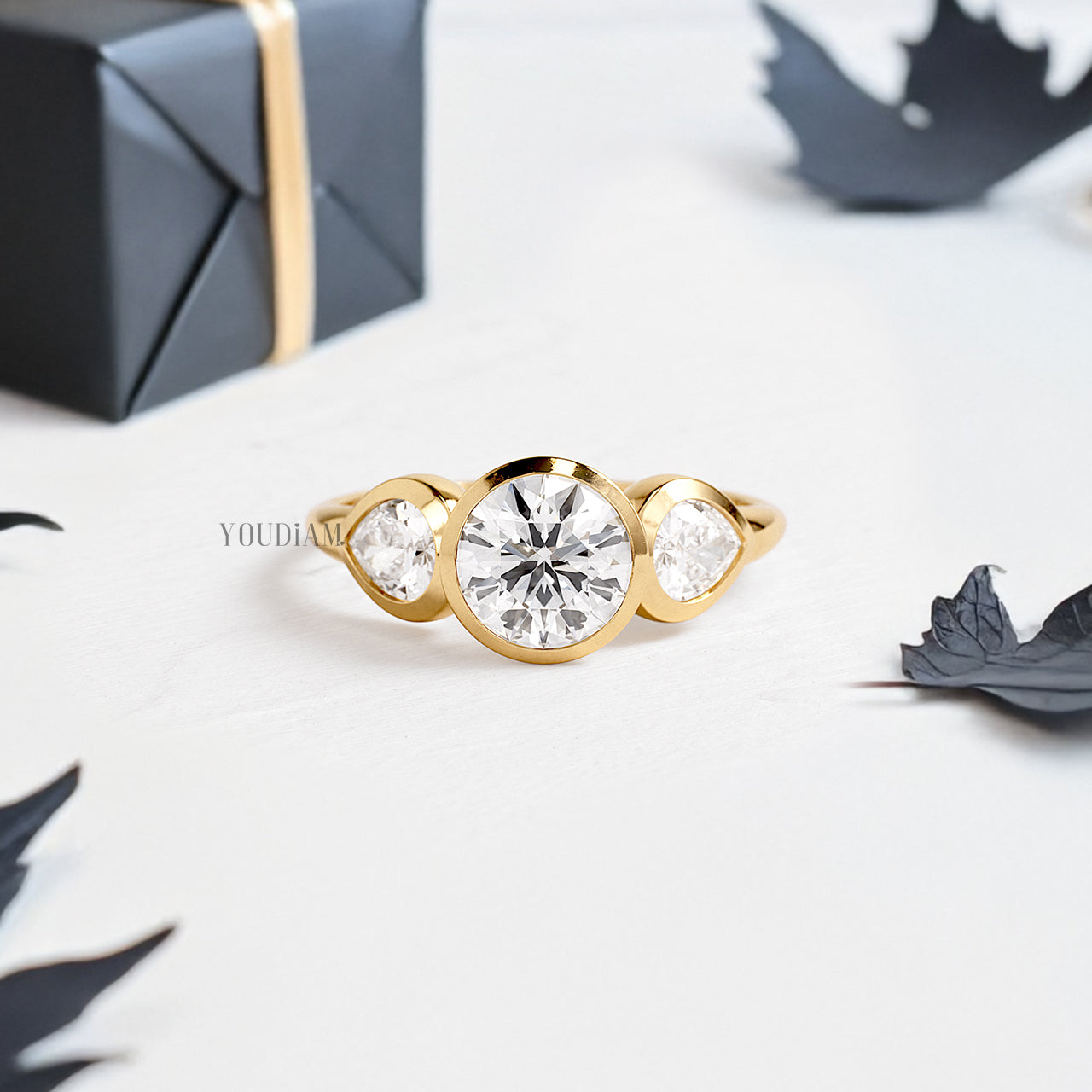 Round Lab Diamond with Accented Two Pears in Bezel Setting Ring - YDJLR192