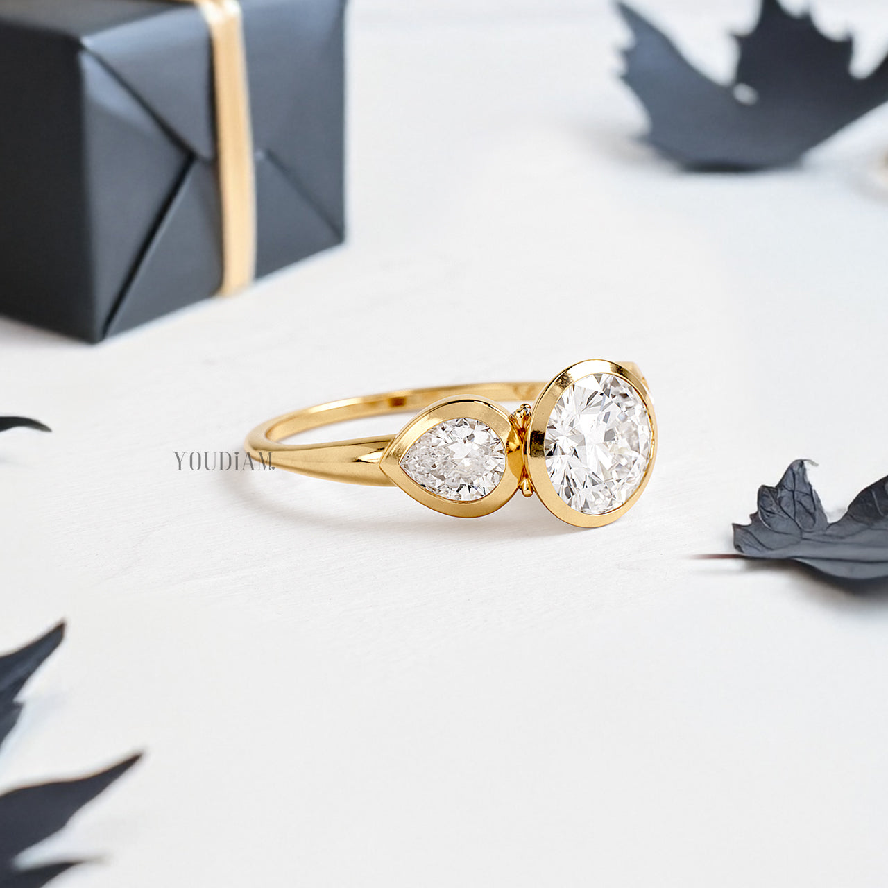 Round Lab Diamond with Accented Two Pears in Bezel Setting Ring - YDJLR192