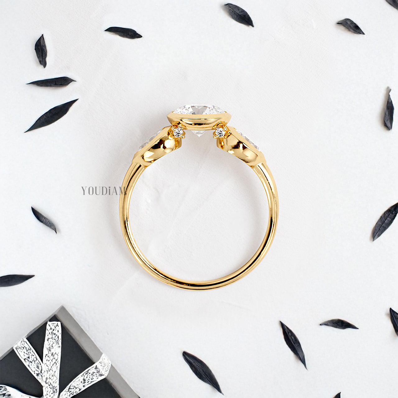 Round Lab Diamond with Accented Two Pears in Bezel Setting Ring - YDJLR192
