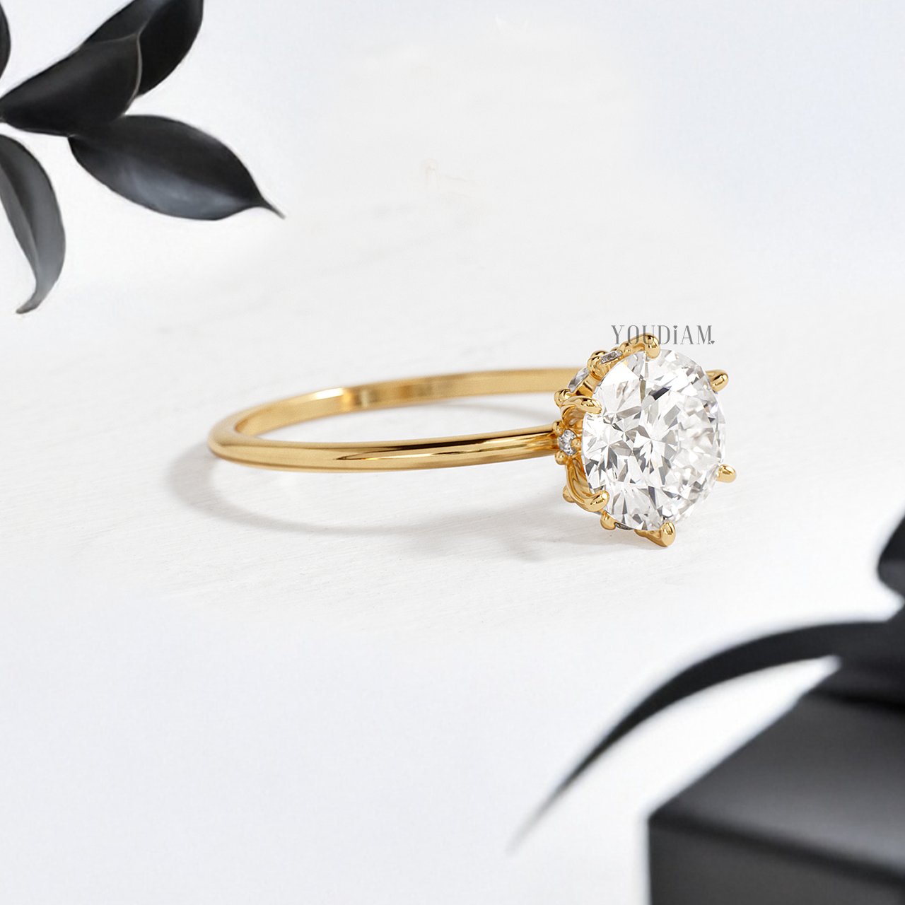 Round Lab Diamond with Six Prongs and Hidden Accented Diamonds Ring - YDJLR155