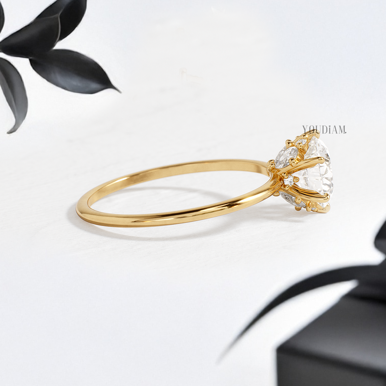 Round Lab Diamond with Six Prongs and Hidden Accented Diamonds Ring - YDJLR155
