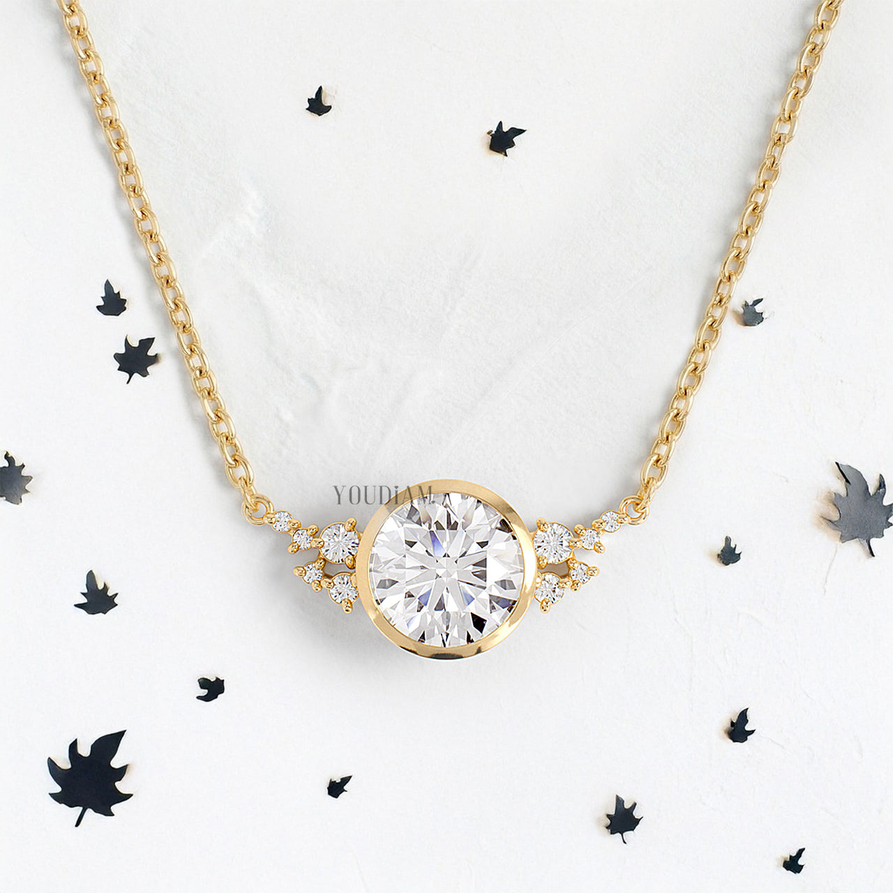 Round Lab Diamond Pendant in Bezel Setting with Accent Diamonds and Anchor Chain - YDJLP34