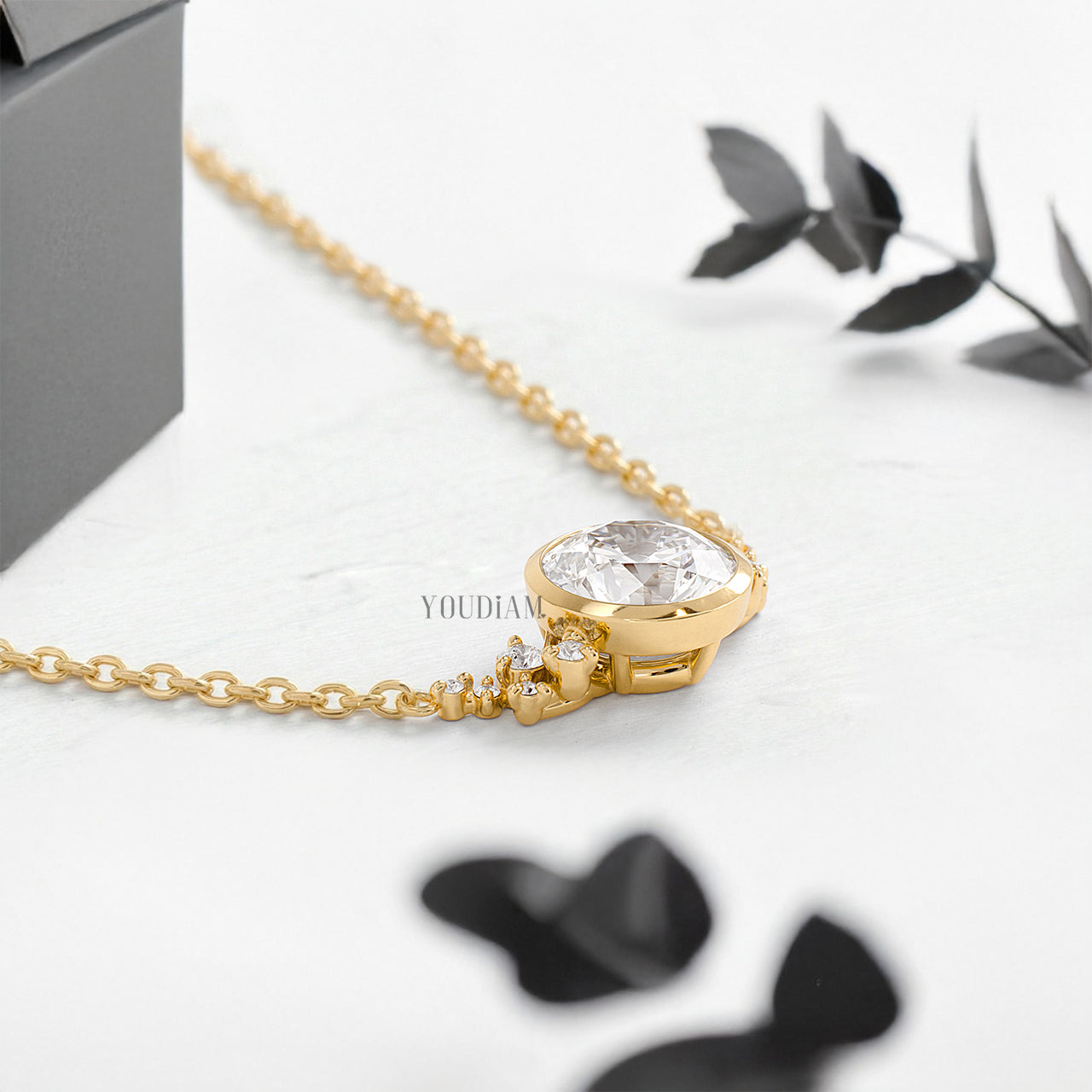 Round Lab Diamond Pendant in Bezel Setting with Accent Diamonds and Anchor Chain - YDJLP34