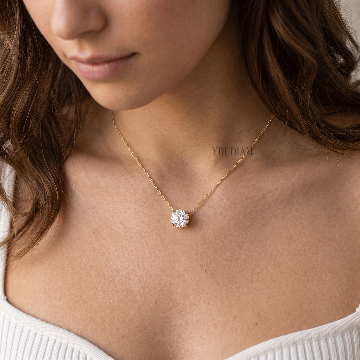 Round Lab Diamond Solitaire Pendant in Trio-Prongs and Anchor Chain - YDJLP07