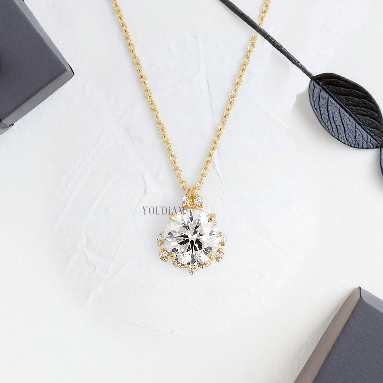 Round Lab Diamond Solitaire Pendant with Accent Diamonds and Anchor Chain - YDJLP53
