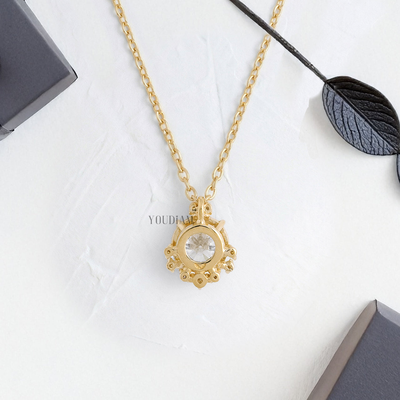 Round Lab Diamond Solitaire Pendant with Accent Diamonds and Anchor Chain - YDJLP53
