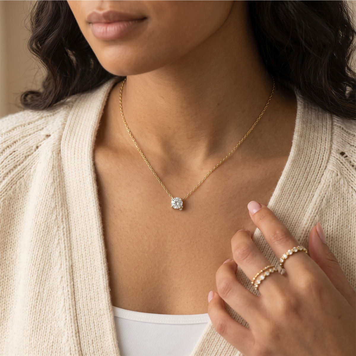 Round Lab Diamond Solitaire Pendant with Scattered Accent Diamonds and Anchor Chain - YDJLP01