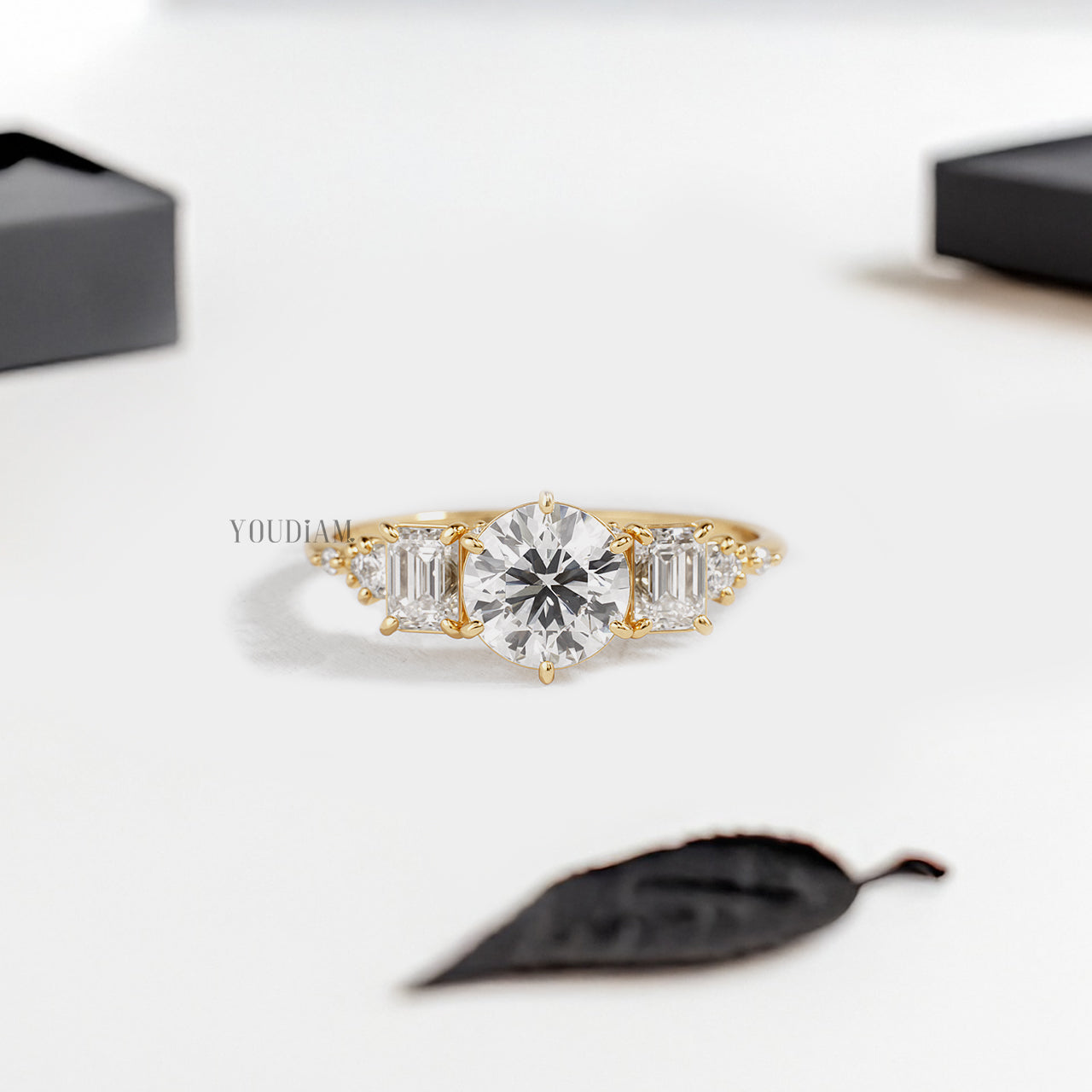 Round Lab Diamond in Six Prongs with Emeralds in Both Sides Ring - YDJLR165