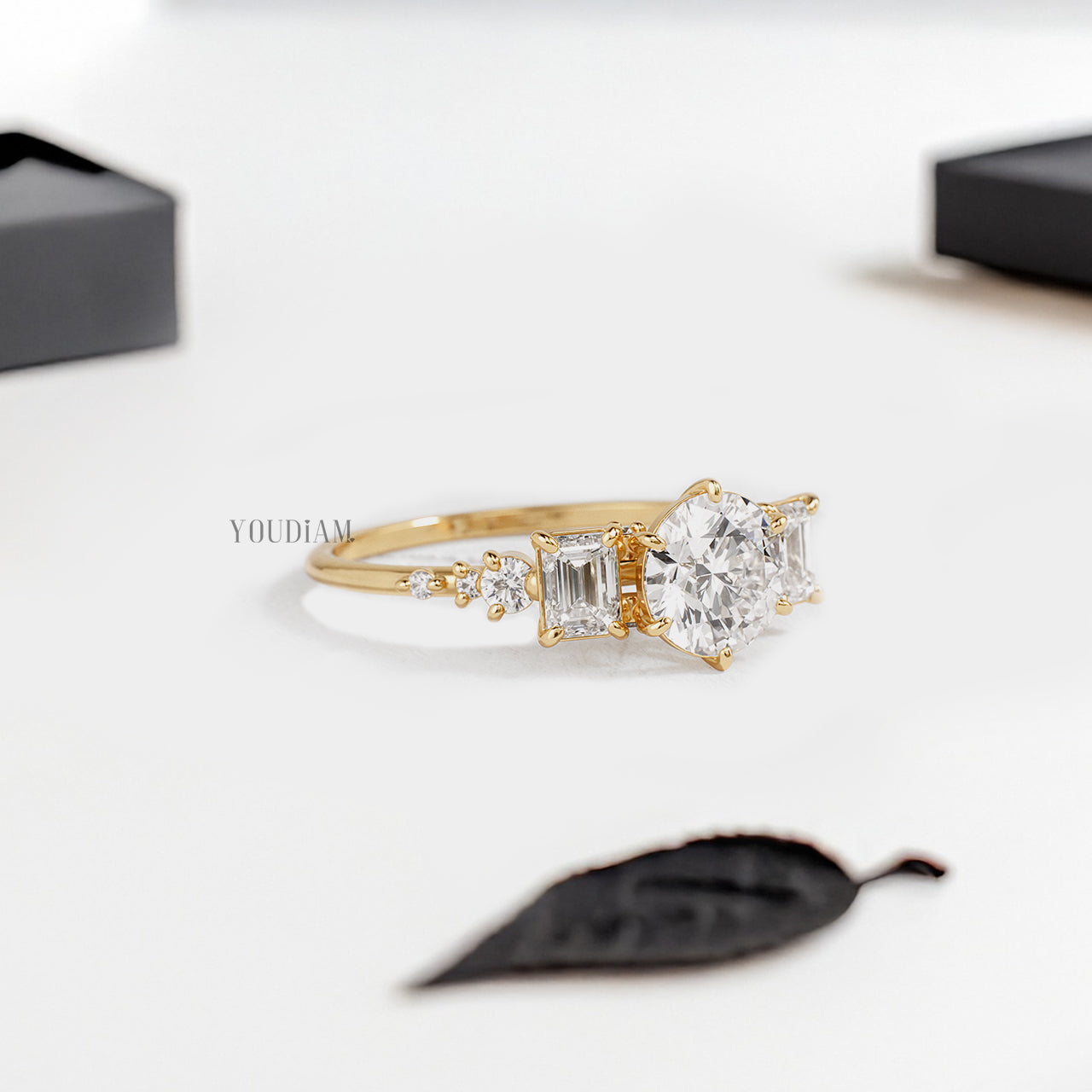 Round Lab Diamond in Six Prongs with Emeralds in Both Sides Ring - YDJLR165