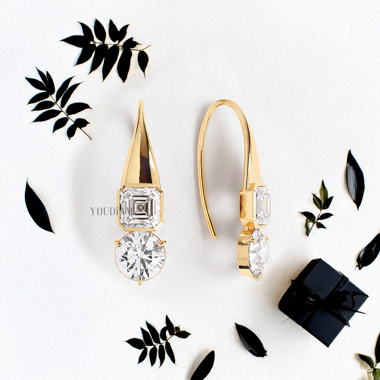 Round and Asscher Lab Diamonds in Split Bezel Earrings - YDJLE47