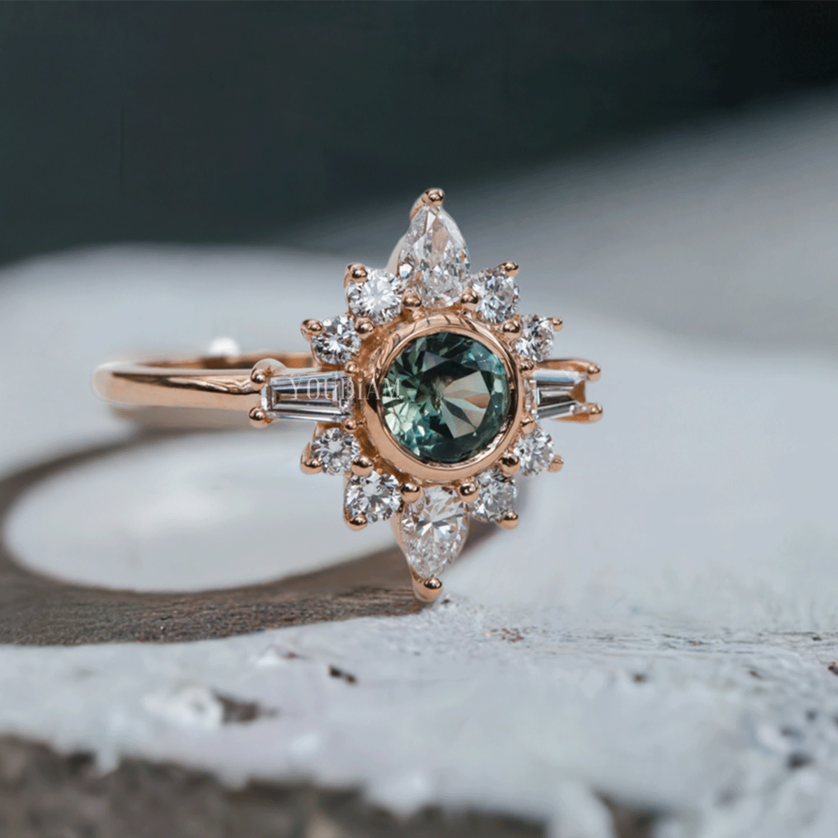 Snowflake Halo Lab Created Green Diamond in a Ballerina Ring - EUDJLR24