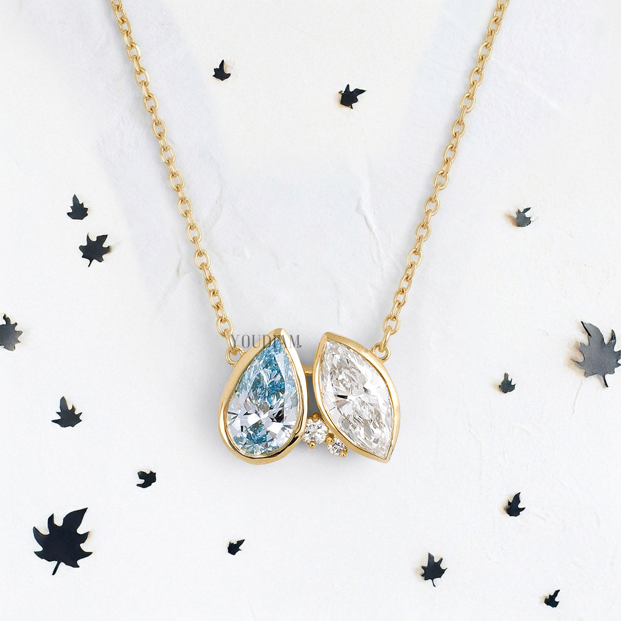 Toi Et Moi Pendant with Blue Pear and White Marquise Cut Lab Diamonds in Bezel Setting and Anchor Chain - YDJLP56