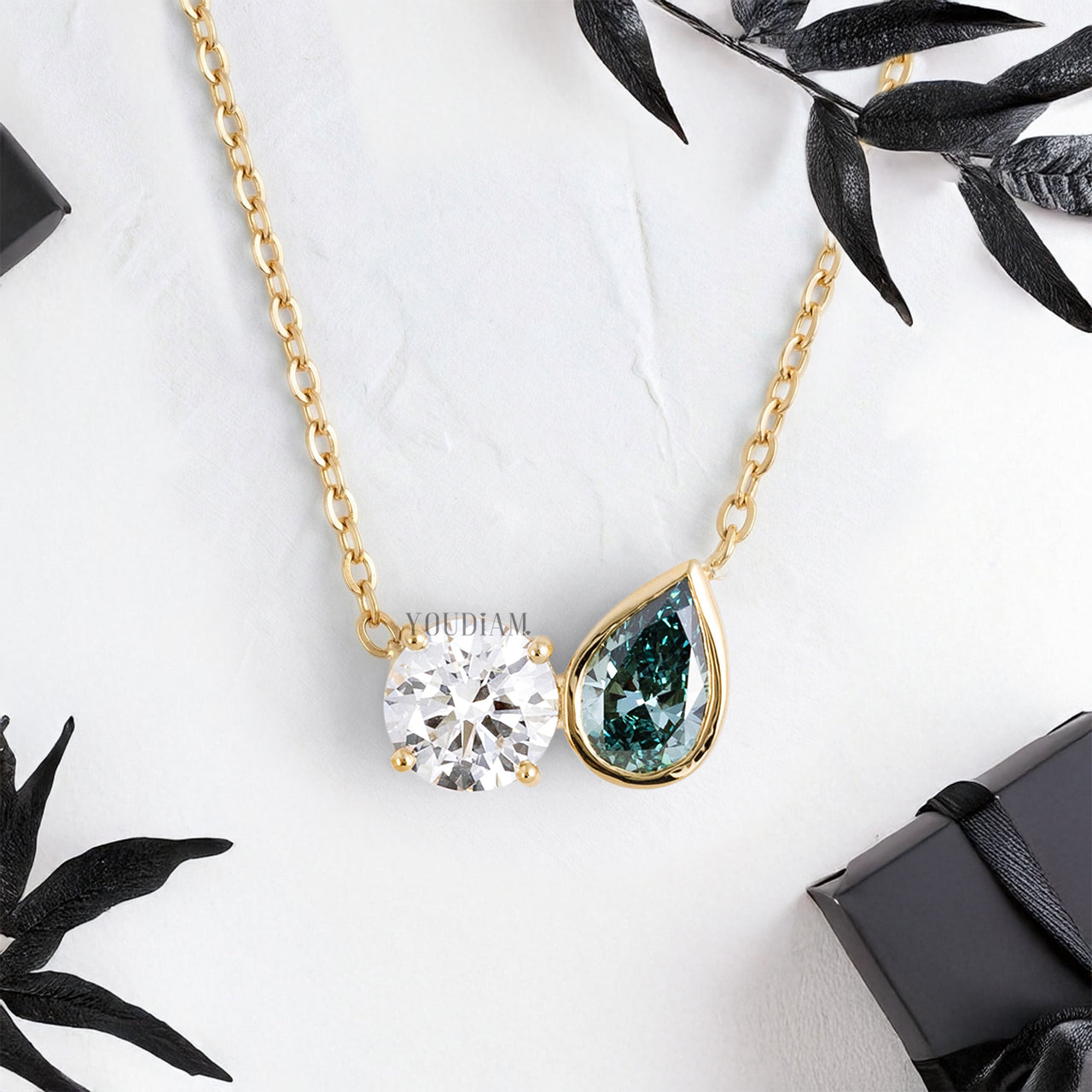 Toi Et Moi Pendant with White Round and Aqua Pear Cut Lab Diamonds and Anchor Chain - YDJLP57
