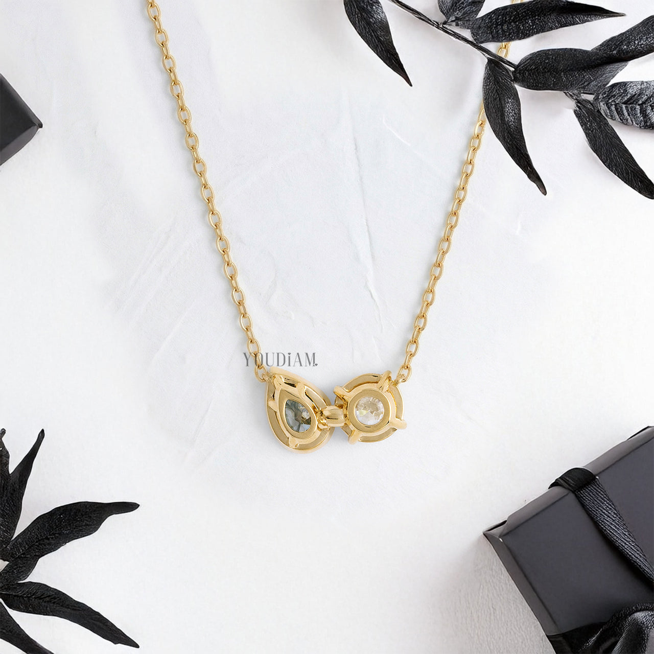 Toi Et Moi Pendant with White Round and Aqua Pear Cut Lab Diamonds and Anchor Chain - YDJLP57