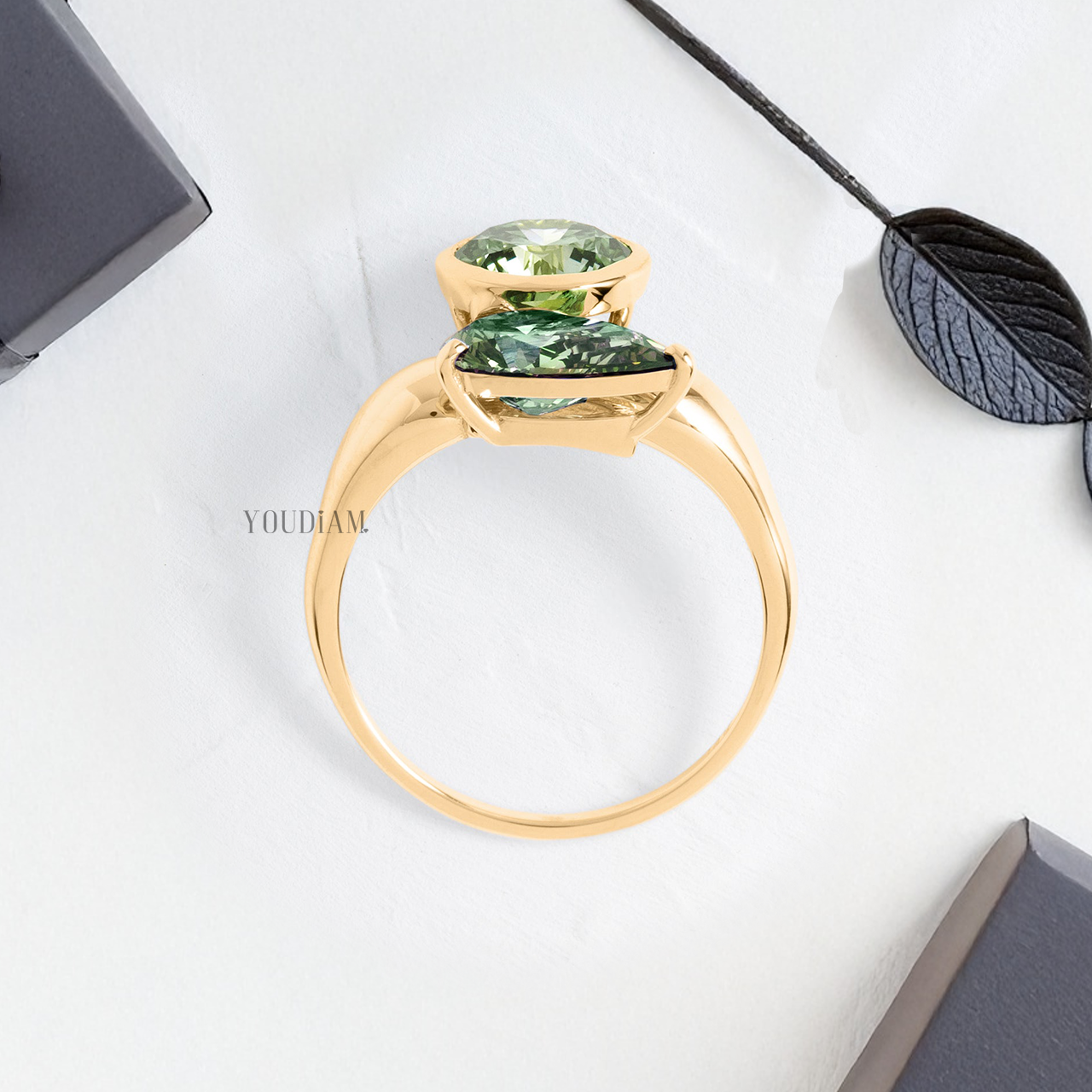 Toi Et Moi Ring with Green Pear and Round Lab Diamonds - YDJLR177