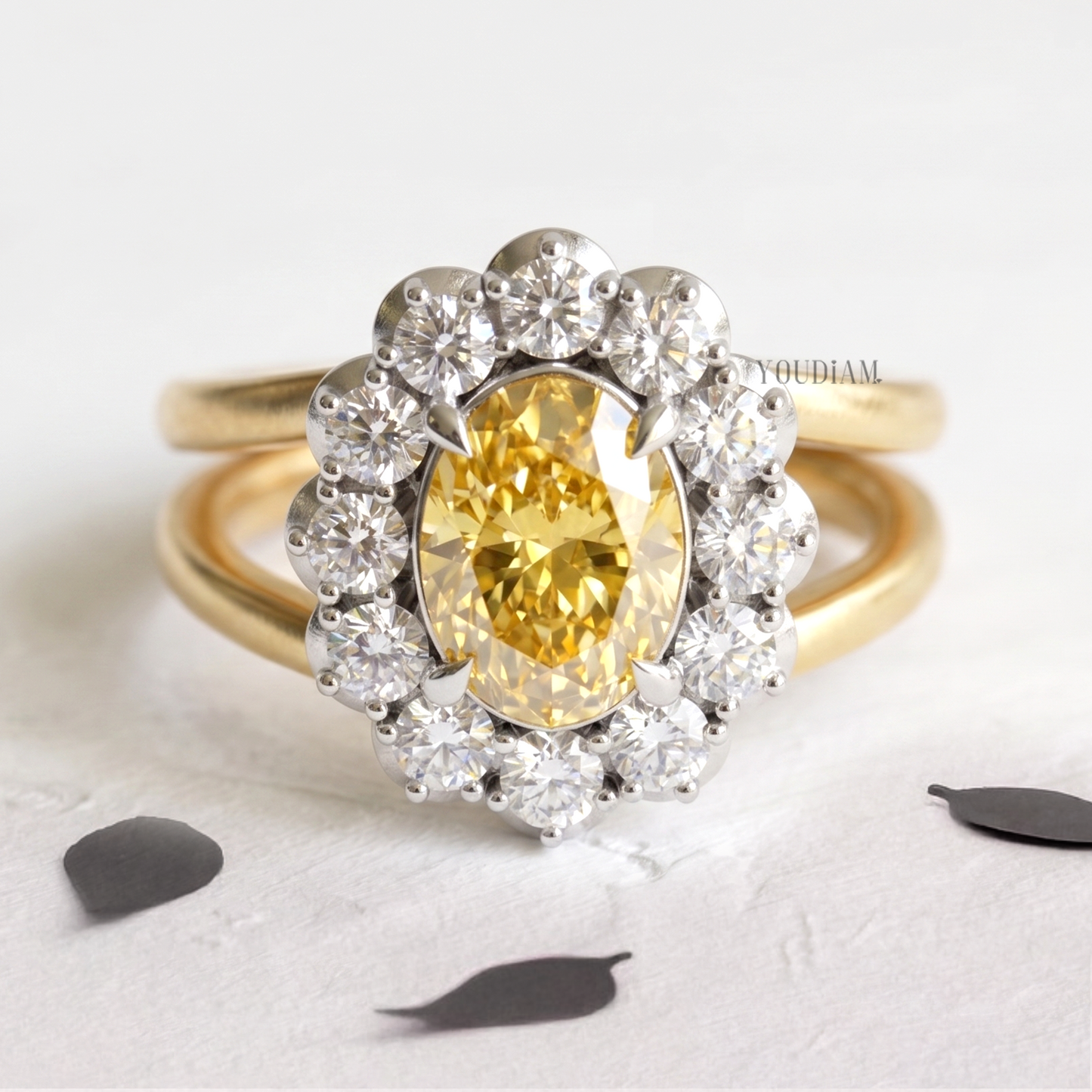 Yellow Oval Lab Diamond with Halo Diamonds on Two Bands Ring - YDCJR04