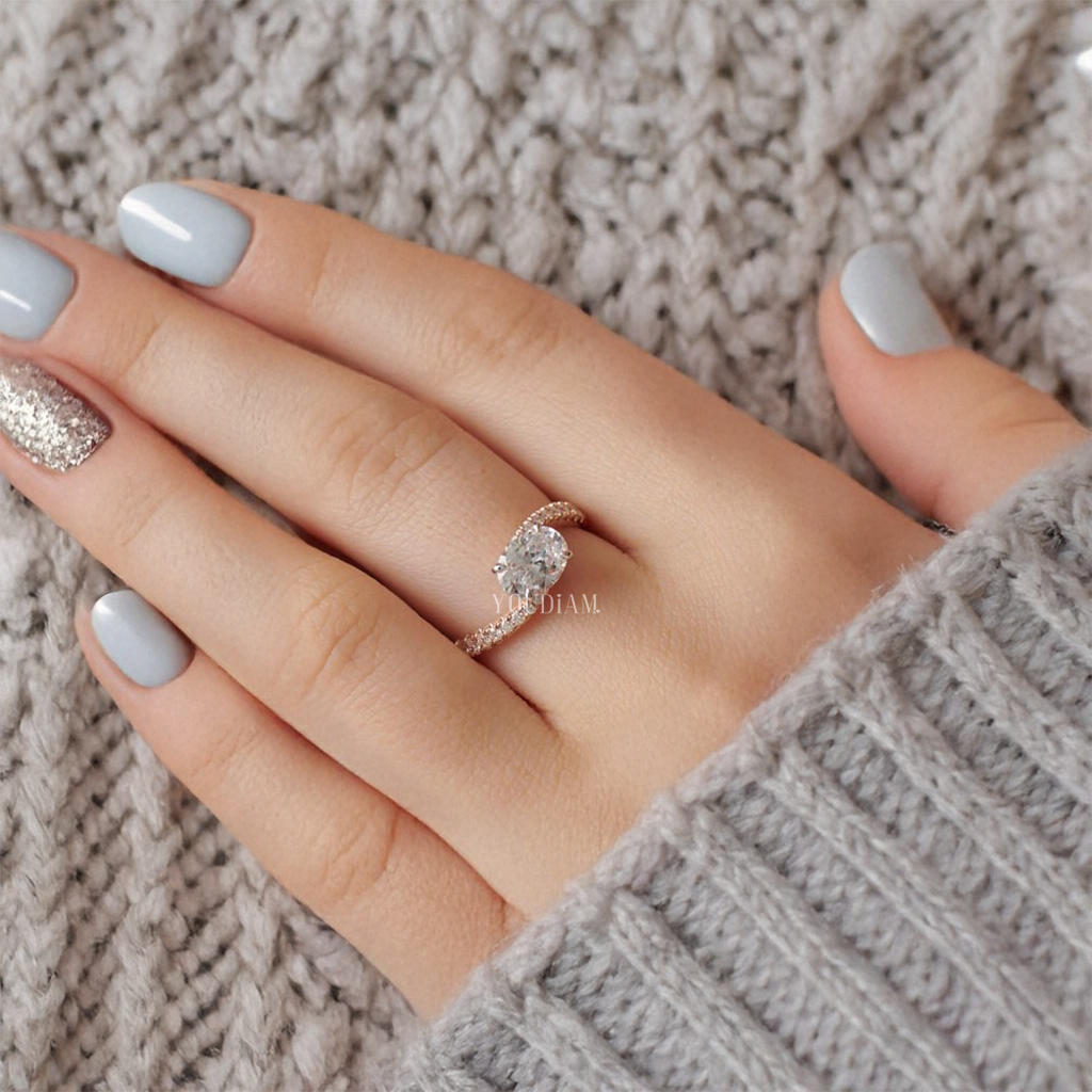 Bypass Bezel Set Oval Lab Diamond Ring, Bypass Shank Diamond Ring - EUDJLR62