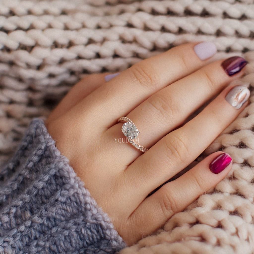 Bypass Bezel Set Oval Lab Diamond Ring, Bypass Shank Diamond Ring - EUDJLR62