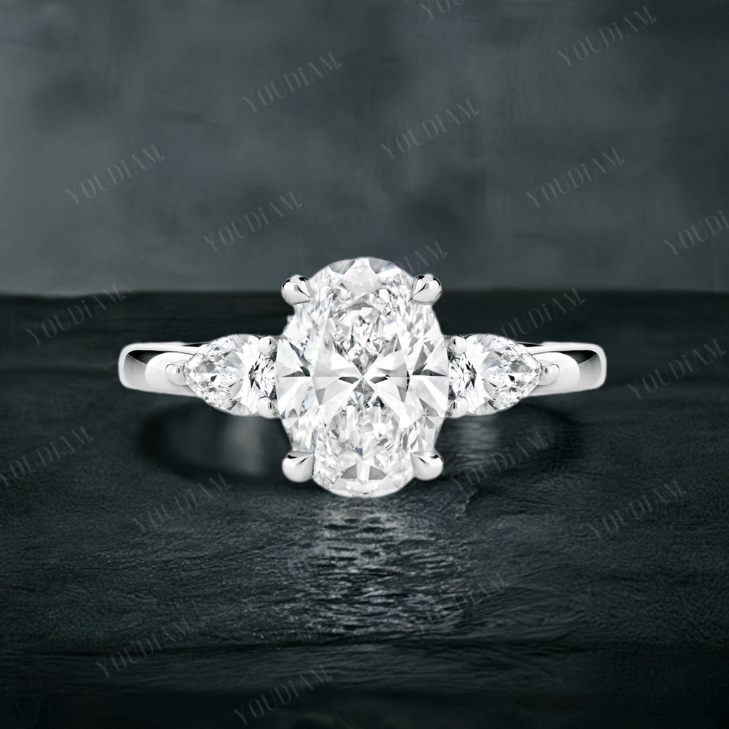 Custom Made Jewelry - 1ct Oval with 0.3ct Each Two Pear Side Stones Ring