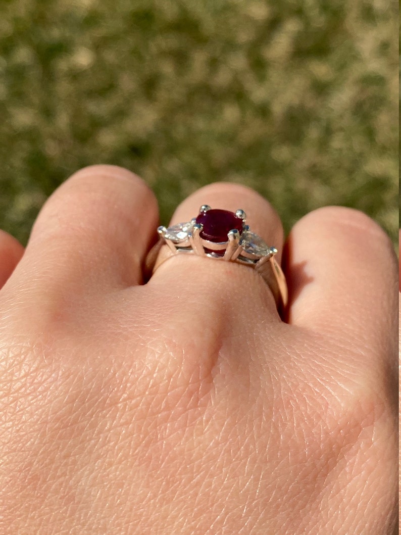 Vintage Style Natural Ruby and Lab Diamond Trilogy Ring in 14kt Gold