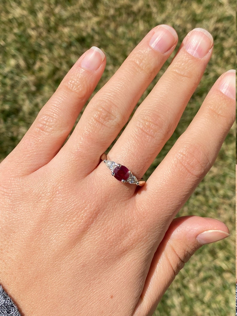 Vintage Style Natural Ruby and Lab Diamond Trilogy Ring in 14kt Gold