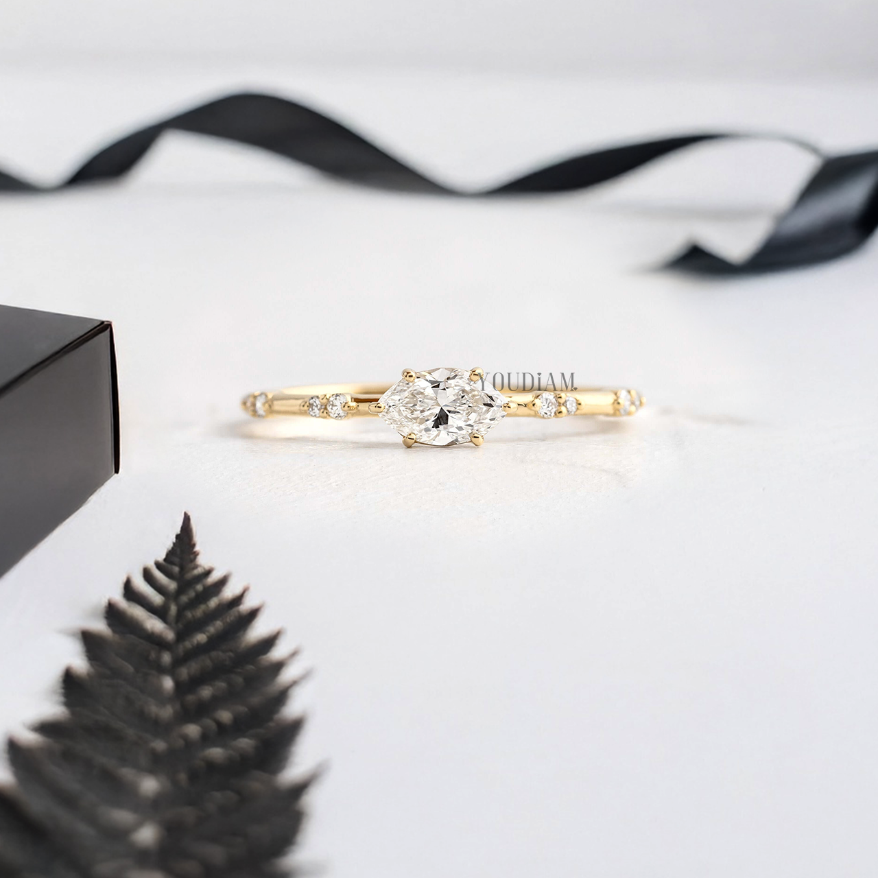 Marquise Lab Diamond in East-West Setting with Diamonds on Band Ring - YDJLR75
