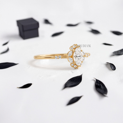 Marquise Lab Diamond in Halo of Round and Marquise Diamonds Ring - YDJLR86