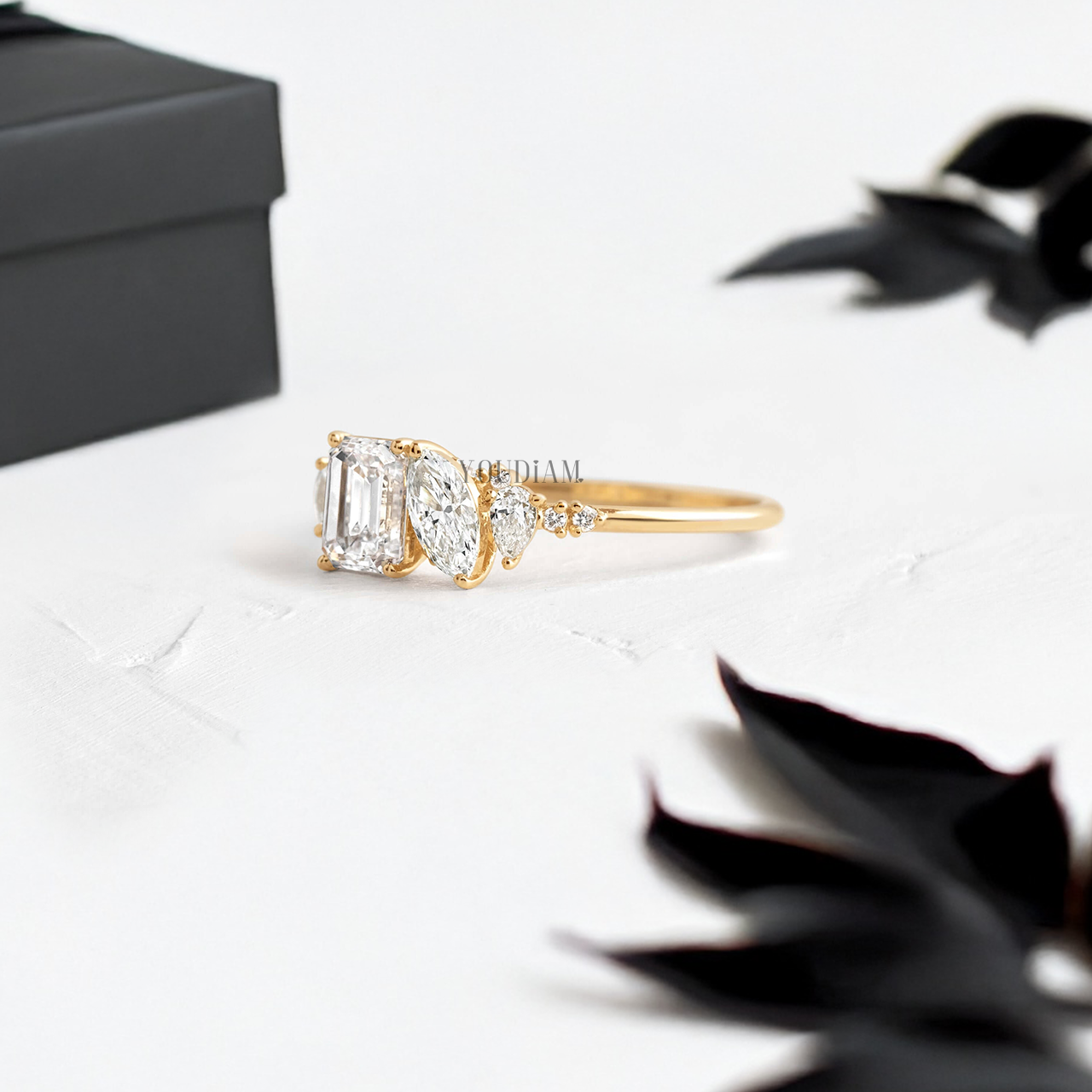 Toi Et Moi with Emerald and Marquise Lab Diamonds with Side Stones Ring - YDJLR63