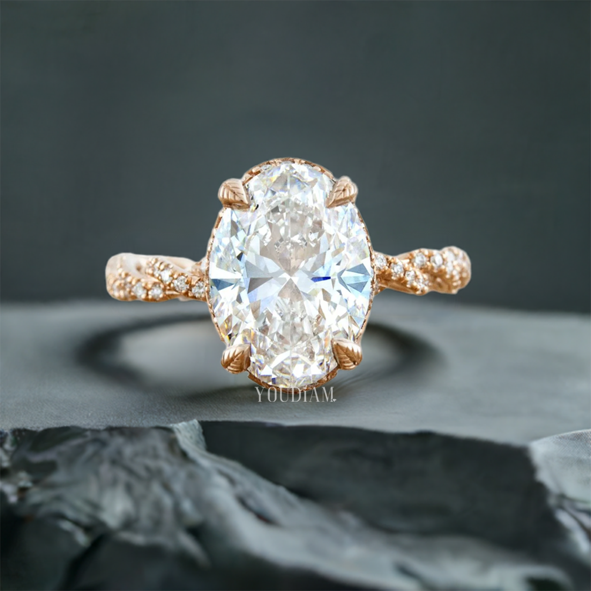 Oval Lab Diamond with Diamond Pave Twisted Rope Band, Oval Lab Diamond Ring - EUDJLR64