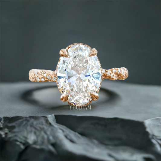 Oval Lab Diamond with Diamond Pave Twisted Rope Band, Oval Lab Diamond Ring - EUDJLR64