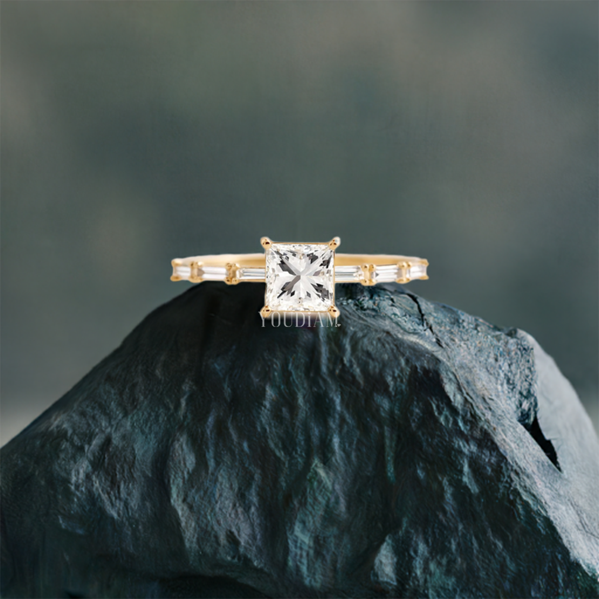 Princess Cut Lab Diamond Ring With 6 Baguette Diamonds - EUDJLR46