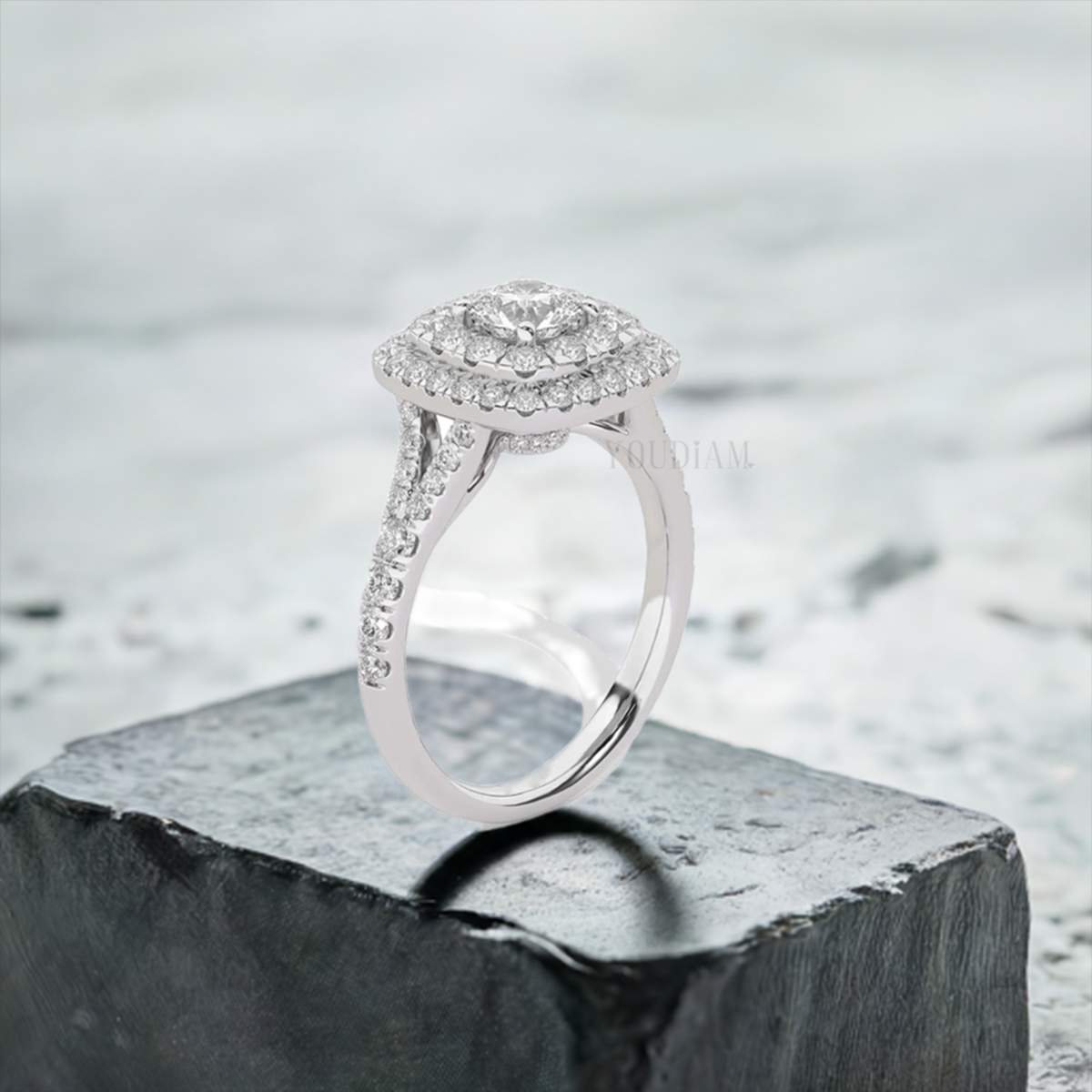 Round Center Princess Double Halo Ring, Round Cut Lab Diamond Ring - EUDJLR39