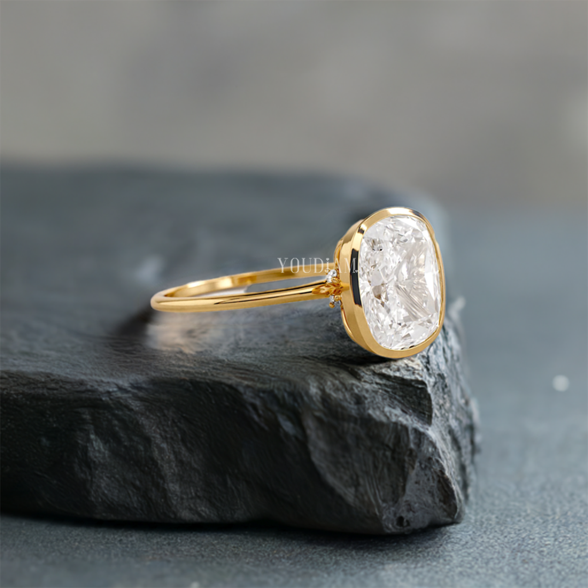 3ct Cushion Cut Lab Diamond Ring Set in Raised Bezel, Cushion Lab Diamond Ring - EUDJLR43