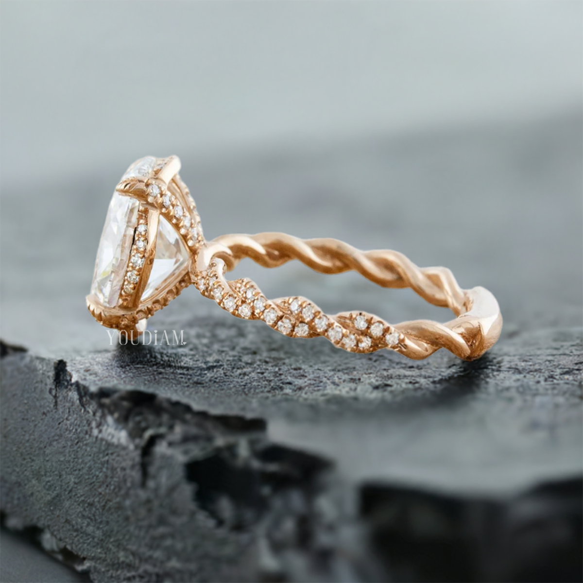 Oval Lab Diamond with Diamond Pave Twisted Rope Band, Oval Lab Diamond Ring - EUDJLR64