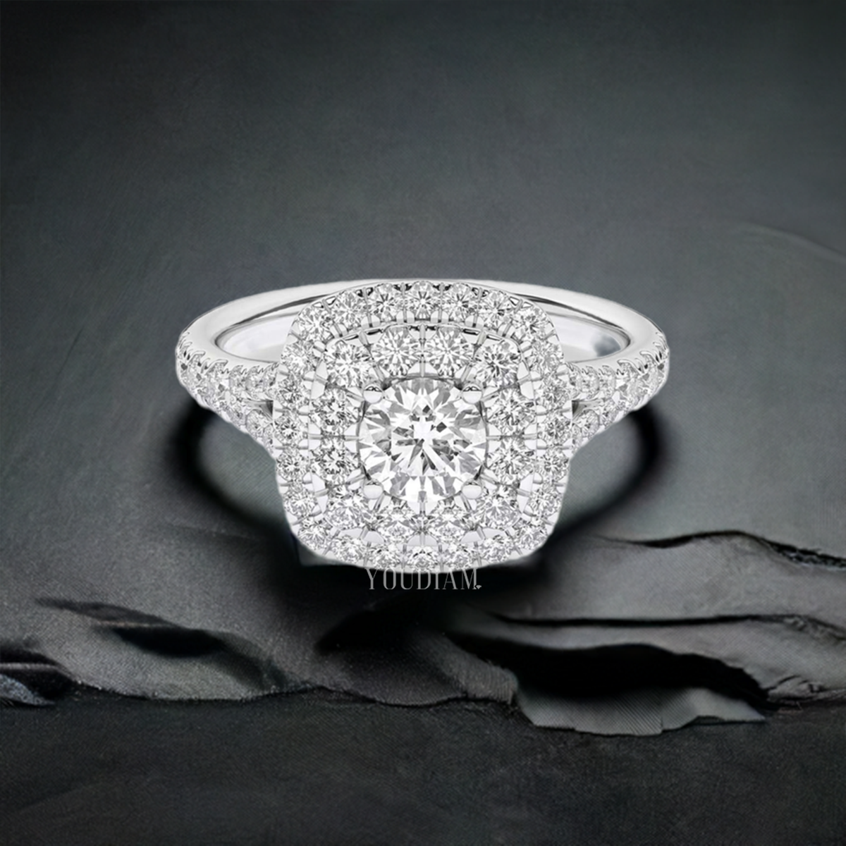 Round Center Princess Double Halo Ring, Round Cut Lab Diamond Ring