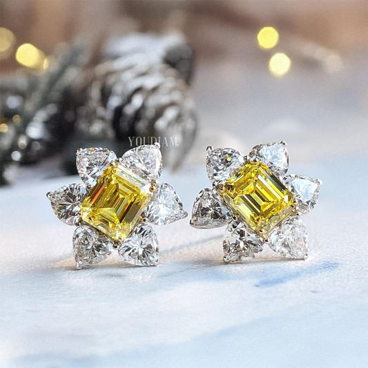 Sunflower Earrings with Yellow Emerald and White Heart Lab Diamonds, Heart Cut Earrings - EUDER04