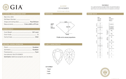 3 CT Pear Cut E-VVS2 Natural Diamond with GIA Certificate