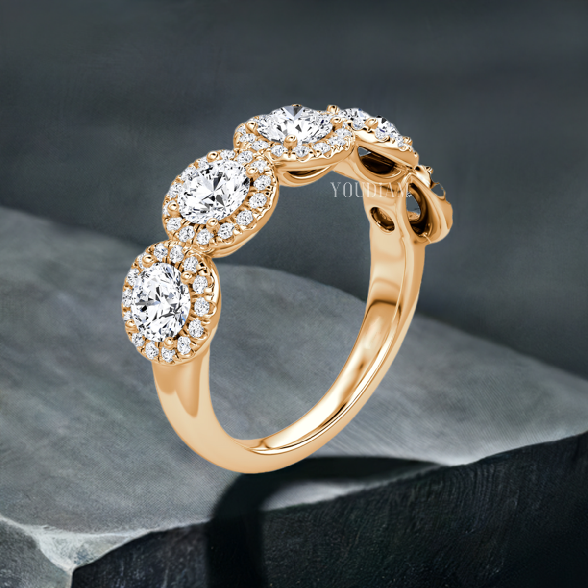Five Round Lab Diamonds with Five Halo Band, Five Stones Band, Half Eternity Band - EUDJLR44