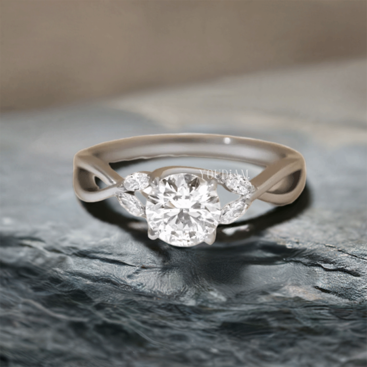 1.30ct Round Lab Diamond With Marquise on Twisted Band Ring - EUDJLR28