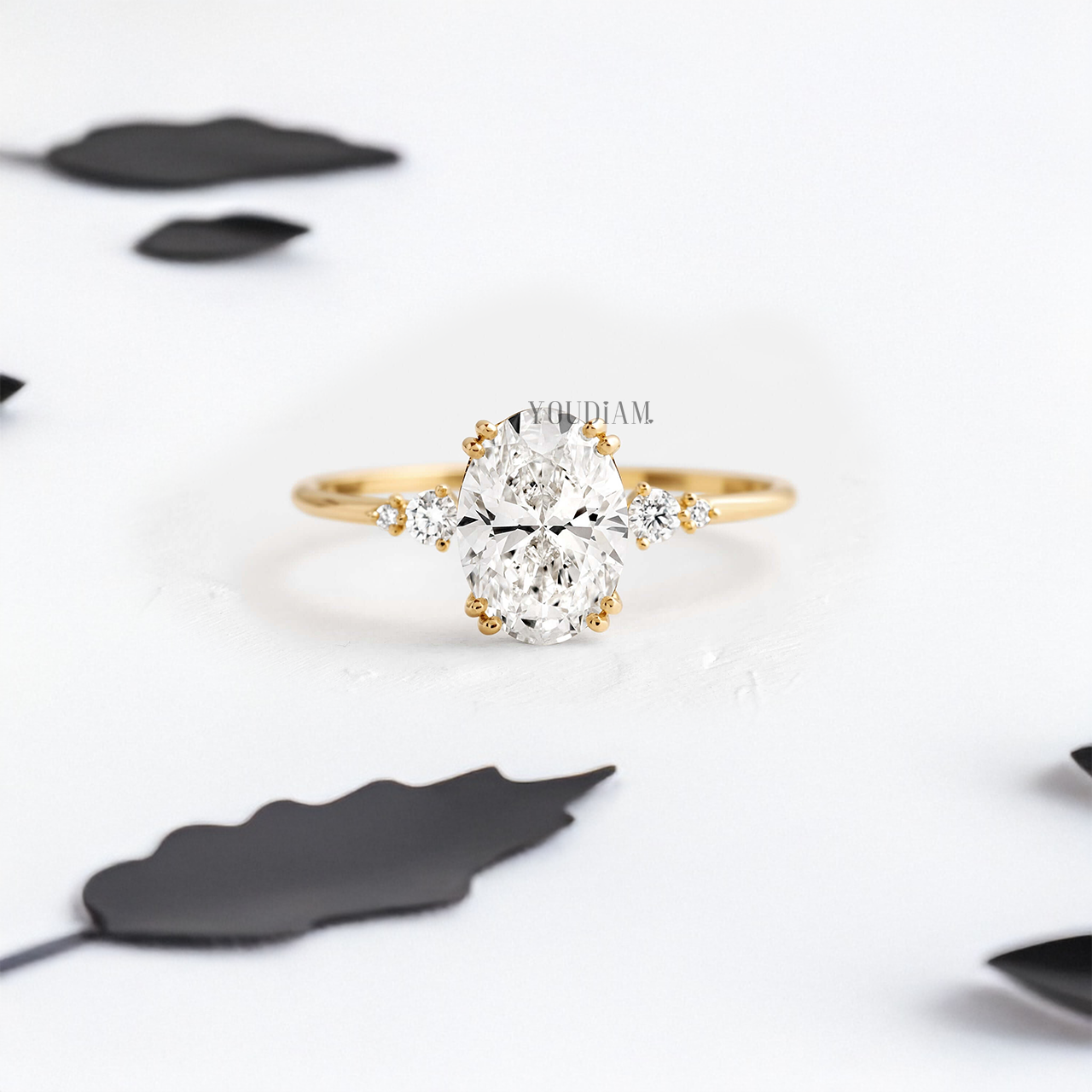 Oval Lab Diamond with Double-Prongs and Side Diamonds Ring - YDJLR36