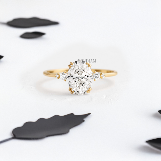 Oval Lab Diamond with Double-Prongs and Side Diamonds Ring - YDJLR36