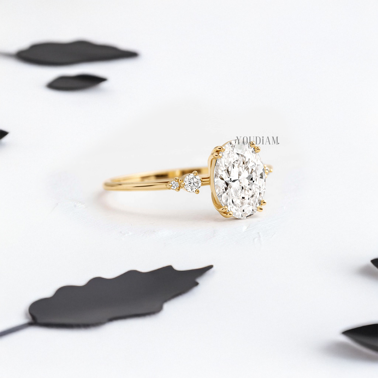 Oval Lab Diamond with Double-Prongs and Side Diamonds Ring - YDJLR36