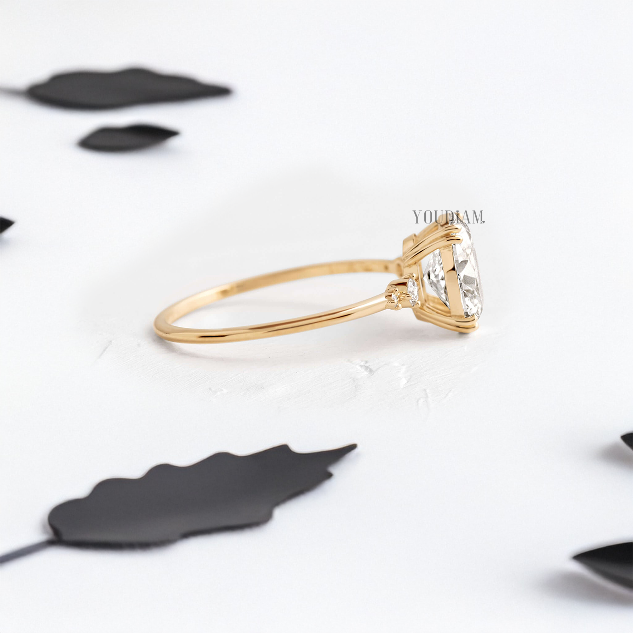 Oval Lab Diamond with Double-Prongs and Side Diamonds Ring - YDJLR36