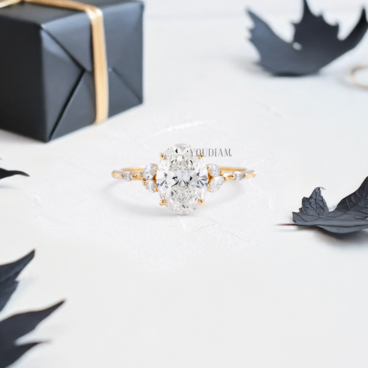 Oval Lab Diamond with Flora Accent Diamonds Ring - YDJLR41