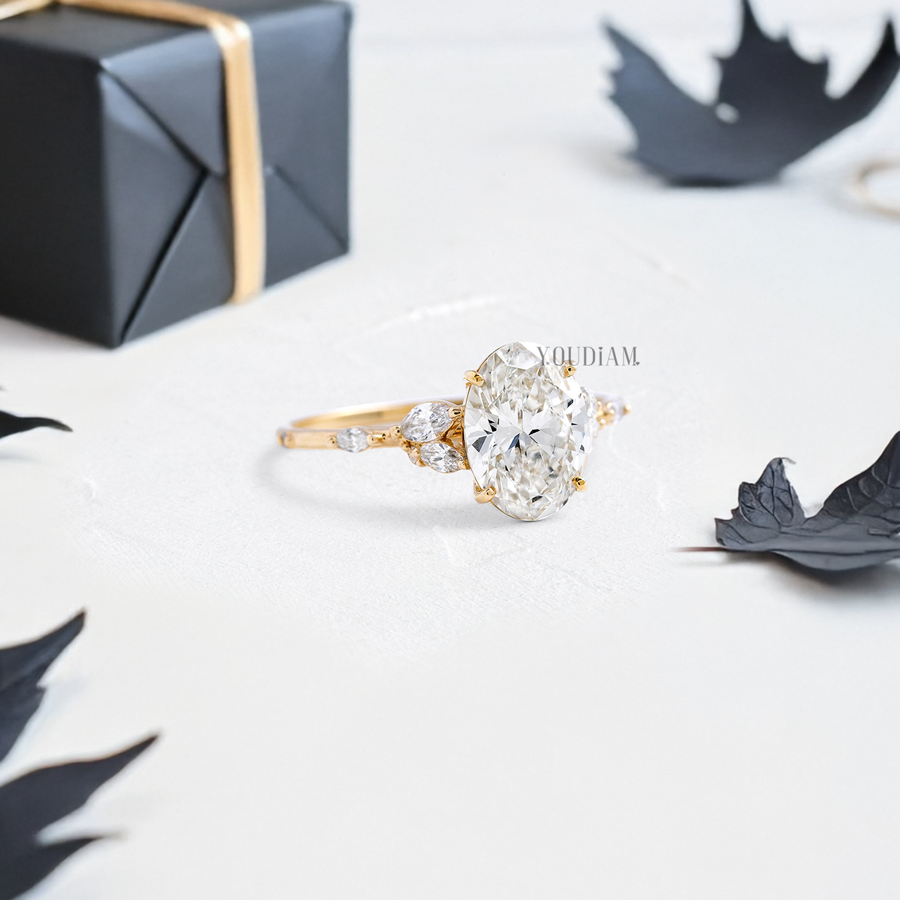 Oval Lab Diamond with Flora Accent Diamonds Ring - YDJLR41