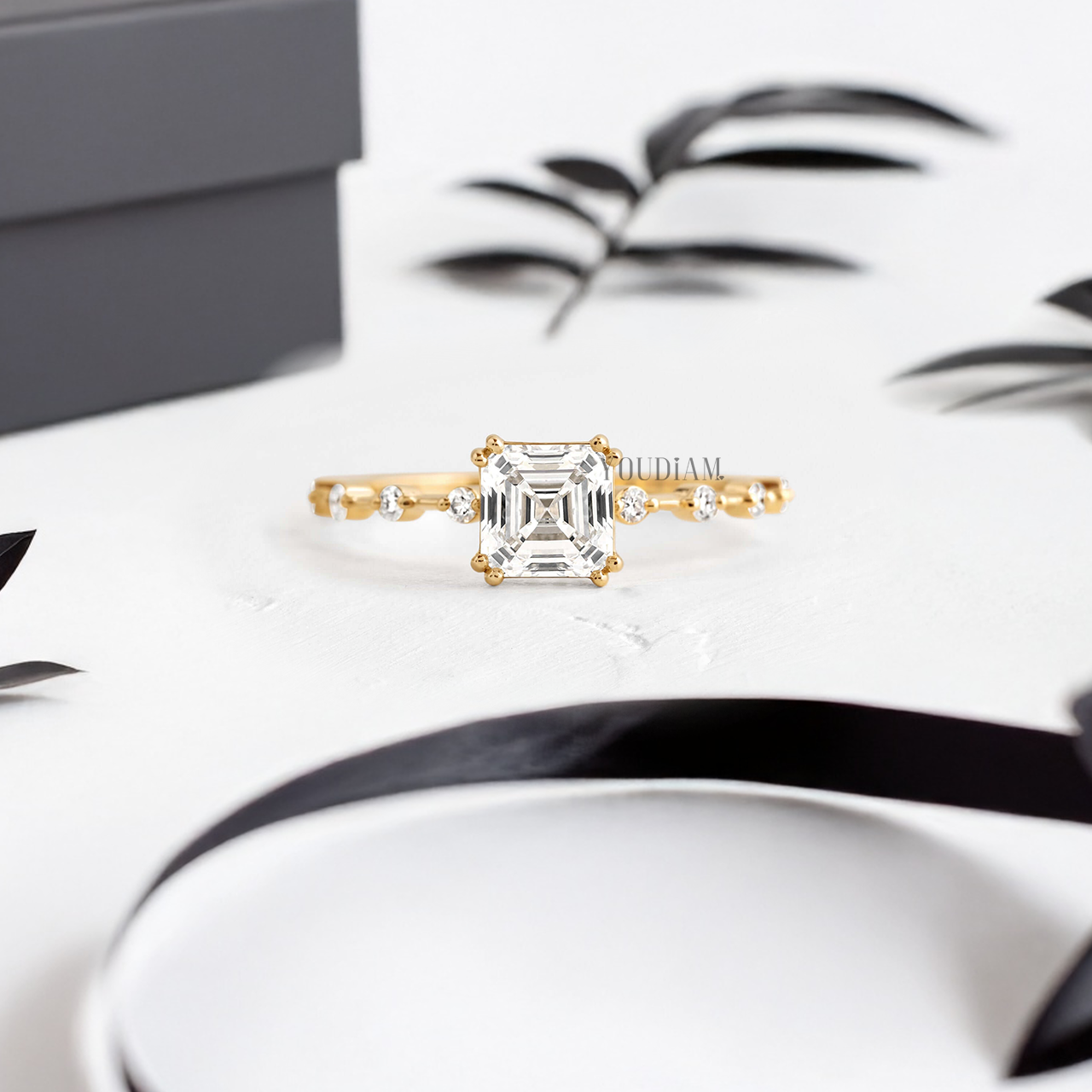 Asscher Lab Diamond in Double-Prongs and Distance Diamonds on Band Ring - YDJLR87