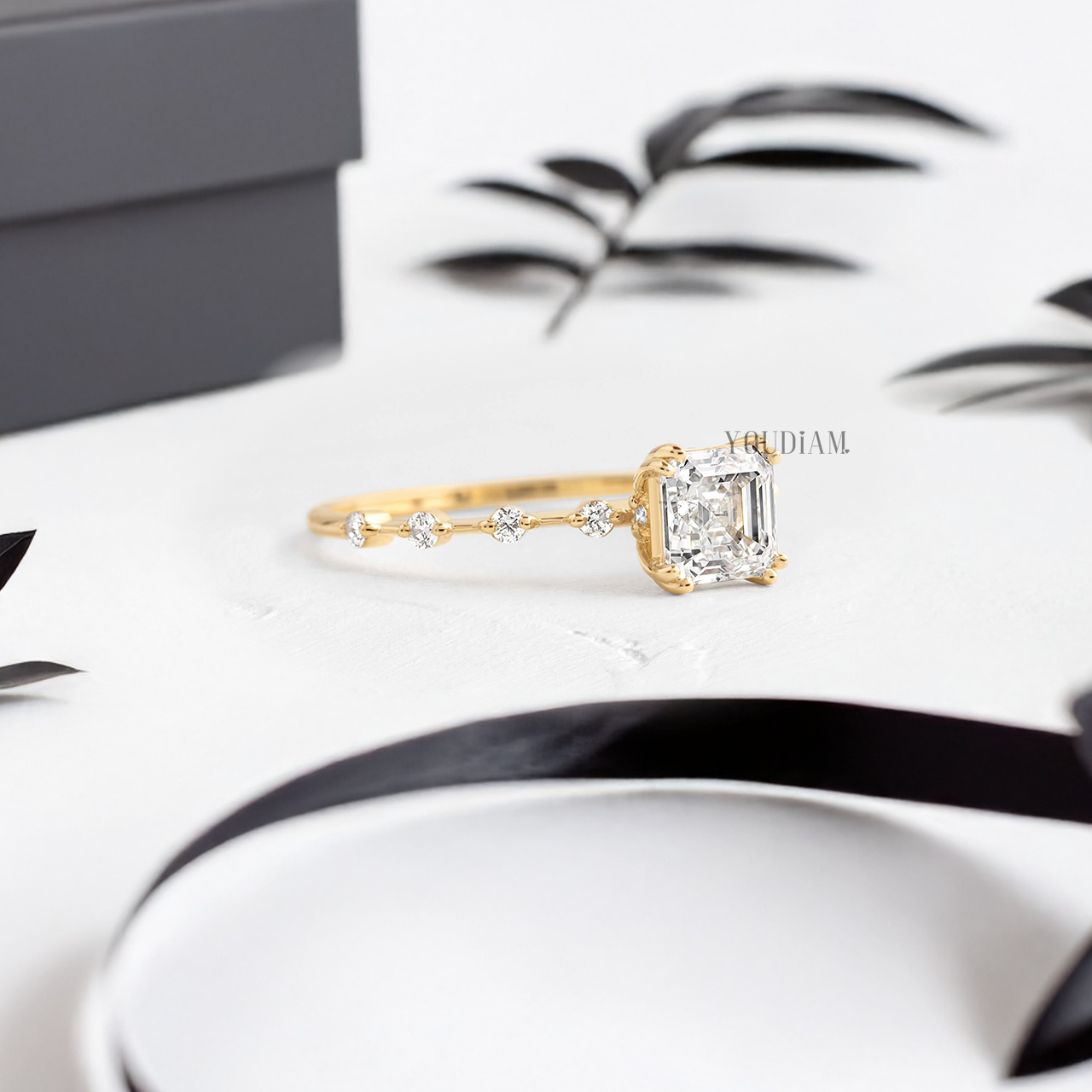 Asscher Lab Diamond in Double-Prongs and Distance Diamonds on Band Ring - YDJLR87